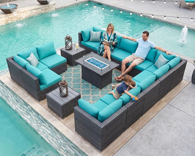 NICESOUL 15 Piece Outdoor Patio Furniture Set with Fire Pit, Extra Large Wide Outdoor Deep Seated Sectional, Cozy 29.3'' High-Back Modular Couch, 500 Lbs High Weight Capacity Wicker Sofa, Gray & Teal
