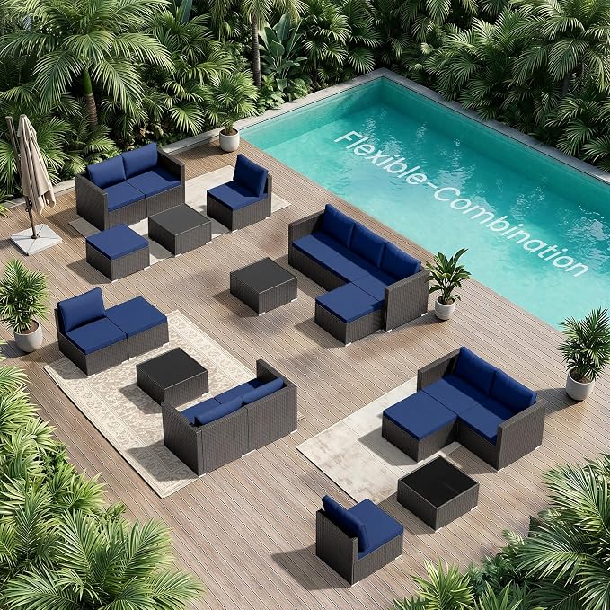 Patio Furniture Set - All-Weather -5 Piece Outdoor Patio Conversation Couch Sets, Modular Wicker Rattan Sectional Sofa for Garden, Patio, Poolside, Backyard, Balcony, Porch,Navy Blue