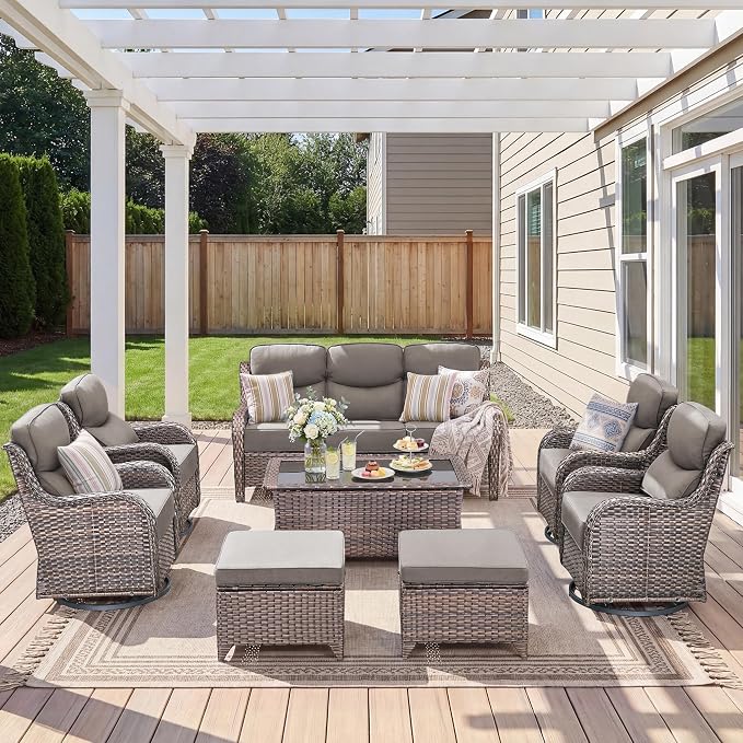 Luxury 8 Pieces Outdoor Patio Furniture Set-All Weather Wicker Swivel Rocker Patio Chairs with 6" Thick Cushion Rattan Sofa Coffee Table, Outdoor Conversation for Garden Porch Backyard(Brown/Grey)