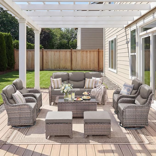 Luxury 8 Pieces Outdoor Patio Furniture Set-All Weather Wicker Swivel Rocker Patio Chairs with 6" Thick Cushion Rattan Sofa Coffee Table, Outdoor Conversation for Garden Porch Backyard(Brown/Grey)