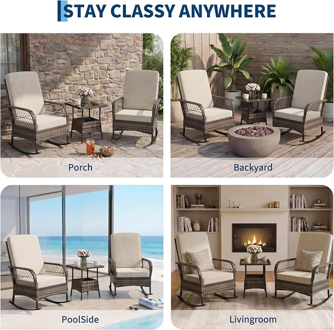 Outdoor Wicker Rocking Chair Set of 3 Pieces, Patio Furniture with Rattan Rocker Chairs, Glass-Top Coffee Table and Beige Washable Cushions for Garden, Balcony, Porch (Brown Wicker & Beige Cushions)