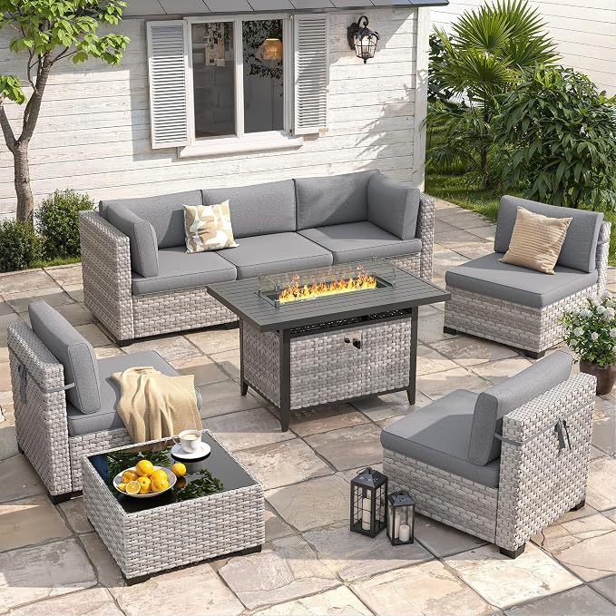 6-Seat Modern Outdoor Wicker Rattan Patio Furniture Set with 55,000 BTU Fire Pit Table, Thick 4″ Cushions, All-Weather Dual-Strand Rattan, Rust-Resistant Steel Frame,Gray