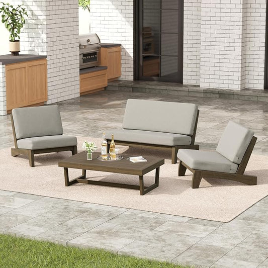 4 Pieces Patio Furniture Sets, All-Weather Outdoor Wood Bistro Set Patio Conversation Coffee Table Chiars and Patio Loveseat for Balcony, Backyard