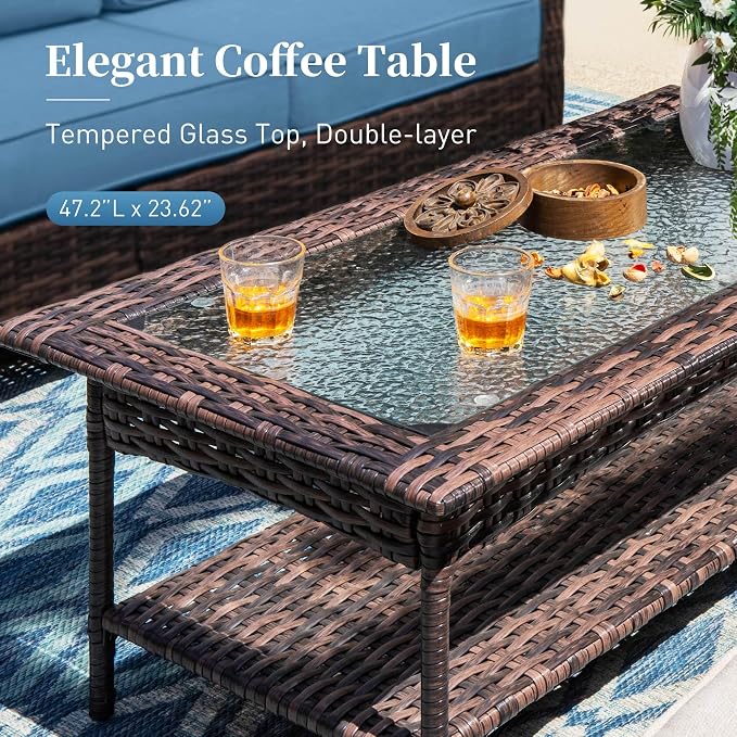 SUNSHINE VALLEY 6 Pieces Patio Furniture Set with Swivel Chairs, High Back Wicker Rattan Sofa with Extra Thick Cushion and Coffee Table, Outdoor Conversation Set for Garden Backyard Deck, Blue
