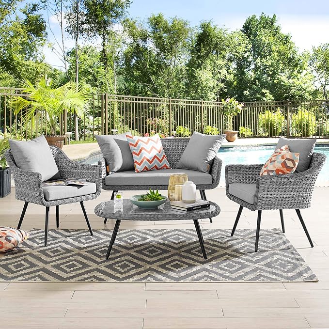 Modway EEI-3177-GRY-GRY-SET Endeavor 4 Piece Outdoor Patio Wicker Rattan Sectional Sofa Set, Gray