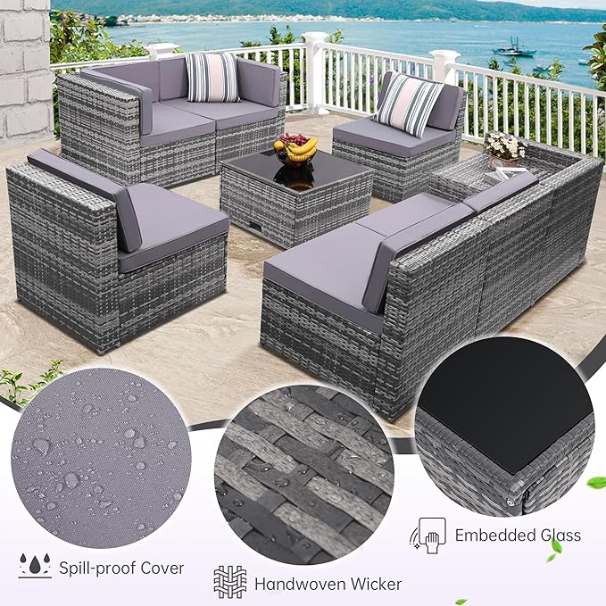 KROFEM 8 Piece Patio Furniture Set, Outdoor Modular Conversation Set, Grey | UV Treated Wickers, Machine Washable Cushions, Seats 6, 2 Hidden Storage Compartments, Rustproof Frame, Waterproof