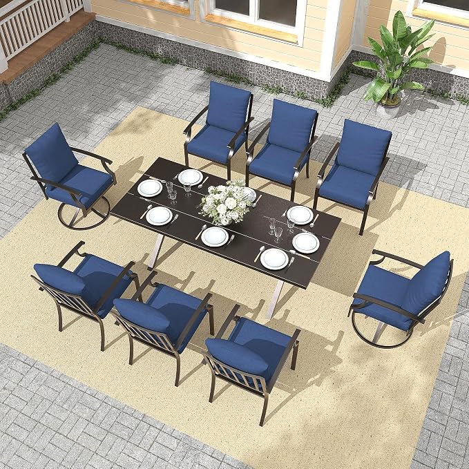 Gotland 9 Piece Outdoor Dining Set, Metal Outdoor Table and Swivel Chairs with X-Shaped Legs 1.5" Umbrella Hole, Patio Furniture Set with Waterproof Cushions, Patio Dining Sets for Backyard Deck Navy