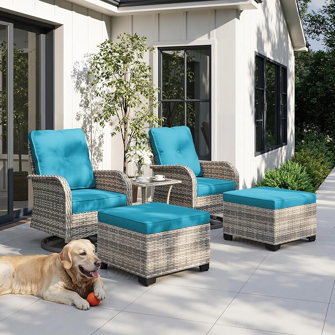 5-Piece Small Patio Furniture Set, Outdoor Swivel Rocking Chairs Set with Ottomans, Patio Bistro Set for Balcony, Deck, Porch, Lake Blue
