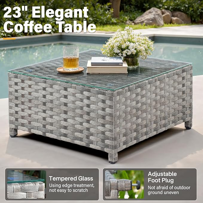 CAODOC Fully Assembled & Spacious 9-Pc Outdoor Sofa Set, Patio Rattan Conversation Group with Rocking Chair and Tea Table
