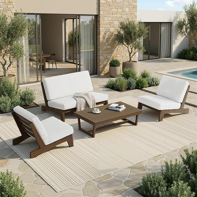 4 Piece Wood Outdoor Patio Frutnire Set, 4 Seater Patio Conversation Sets with Thick Cushions, Outdoor Sectional Furniture with Coffee Table - Beige