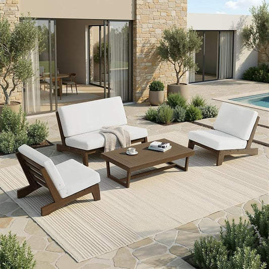 4 Piece Wood Outdoor Patio Frutnire Set, 4 Seater Patio Conversation Sets with Thick Cushions, Outdoor Sectional Furniture with Coffee Table - Beige