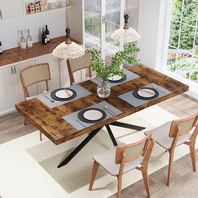 55.11" -70.86" Extendable Dining Room Table, Retro Folding Dining Tables for 4-6 People with Antique Wood Top/Black Fine Sand Cross Iron Foot Base/Storage Box, Brown