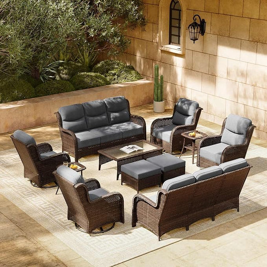HILLGA 11-Piece Luxury Patio Furniture Set with 6" Thick Cushions, Weather-Resistant Wicker High Back Swivel Rocker Chairs, Senior-Friendly Outdoor Sofa Set for Large Deck, Yard and Poolside, Gray(V2)