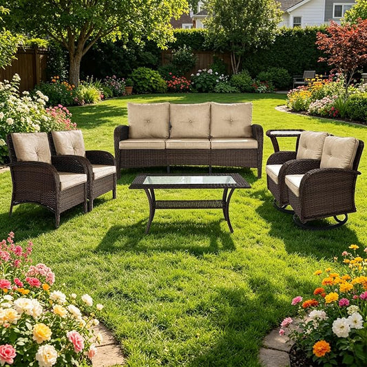 Outdoor Swivel Rocker Patio Chairs (Brown Wicker/Khaki Cushion, 7PC/Sofa & Swivel & Chair &2 Table)