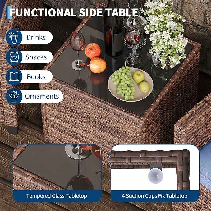 IDEALHOUSE 3 Piece Outside Patio Furniture Set, Outdoor Wicker Chair Conversation Set with Glass Coffee Table, PE Rattan Patio Furniture for Backyard, Porch, Patio, Poolside