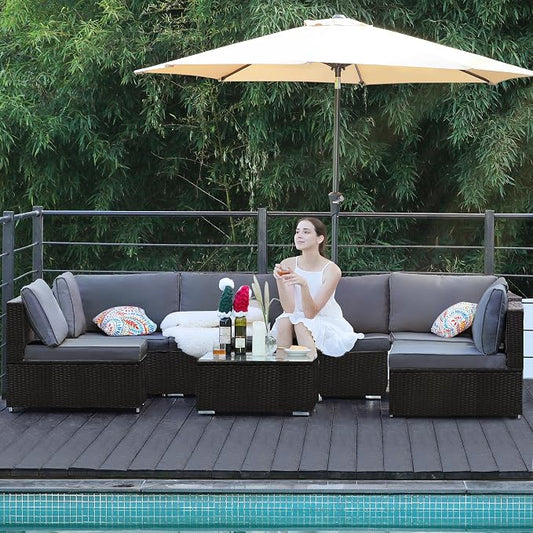 7 Pieces Patio Furniture Set - All-Weather Outdoor Rattan Sectional Conversation Sofa, Wicker Patio Seating Sofa Set with Cushion and Glass Table for Garden, Porch Poolside, Grey/Black