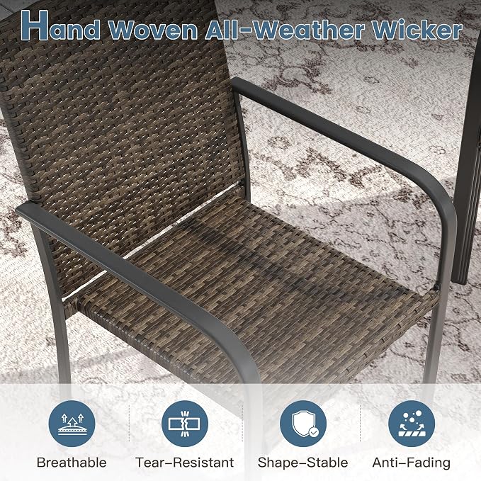 DIFY 5 Piece Outdoor Dining Set, Patio Table and Chairs Set for 4 with Umbrella Hole, 40.6" Walnut Round Dining Table & Stackable Wicker Patio Chairs, Metal Patio Furniture Set for Garden Backyard