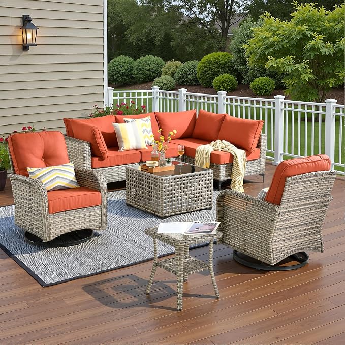 8 Pieces Patio Sectional Furniture Set, Outdoor Wicker Sectional Couch with High Back Swivel Rocker Chairs Solar Lights Table, Modern Conversation Set for Porch Balcony Backyard, Red