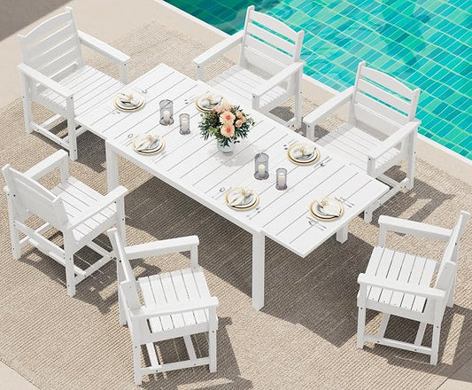 SERWALL 60" - 83" Expandable Outdoor Dining Table and 6 HDPE Chairs, White | Outdoor Dining Set for 6, All Weather Aluminum and HDPE Outdoor Furniture Set, Extendable Patio Dining Table