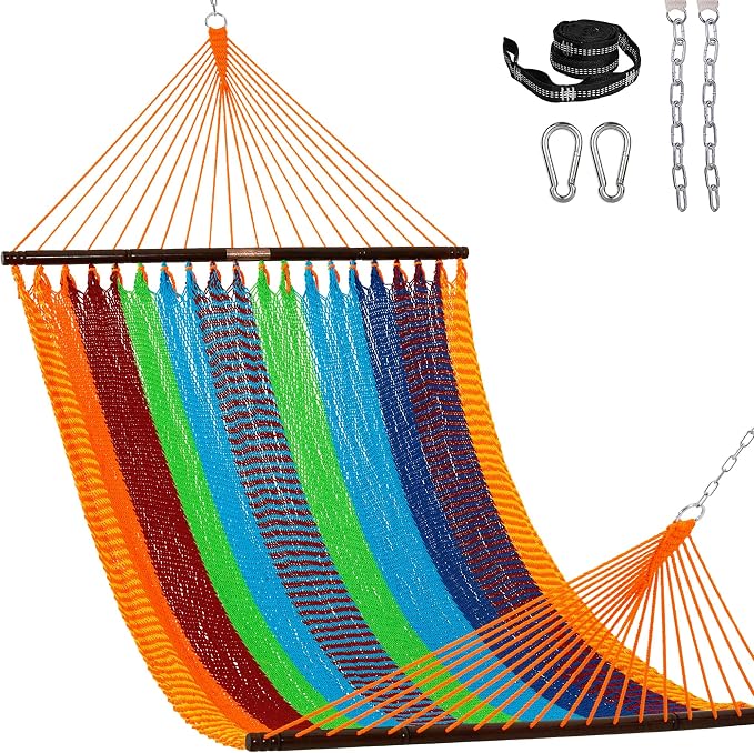 Lazy Daze Hammocks 13 FT Extra Large 2+ Person Caribbean Rope Hammock, Hand Woven Polyester XL Hammock with Spreader Bars, for Outside Outdoor Backyard Patio Poolside, 500 LBS Capacity, Multicolor