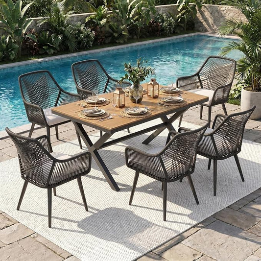 JOIVI 7 Piece Patio Dining Set for 6, All-Weather Outdoor Dining Furniture with Hand-Woven PE Rattan Chairs and Rectangular Dining Table, Outdoor Table and Chairs Set for Backyard, Cross Back&Black