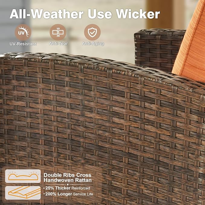 ovios 6 Pieces Patio Furniture Set, Outdoor Wicker Sofa Couch with 42" Fire Pit Table Comfy Cushions, All Weather Brown Rattan Conversation Set for Backyard Deck, Orange Red