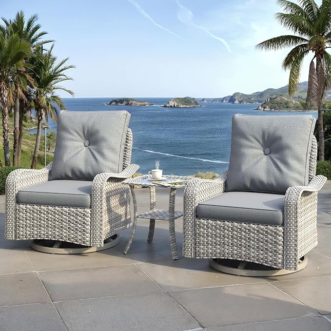 3 Piece Outdoor Wicker Patio Furniture Set,High Back Swivel Rocker Patio Chairs with 4" Thickened Cushions & Side Table, All-Weather PE Rattan for Garden, Backyard, Porch, Gray