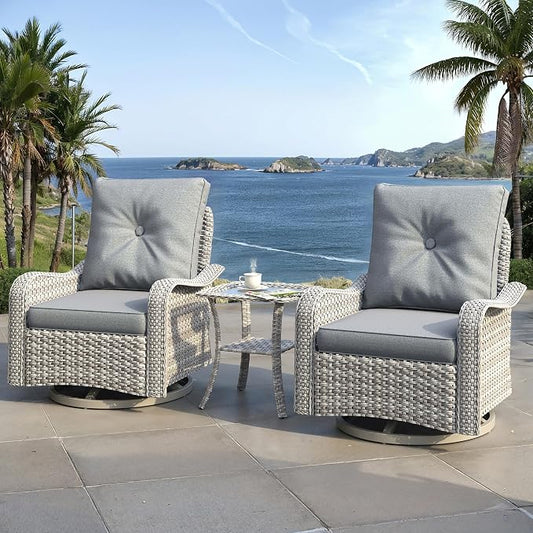 3 Piece Outdoor Wicker Patio Furniture Set,High Back Swivel Rocker Patio Chairs with 4" Thickened Cushions & Side Table, All-Weather PE Rattan for Garden, Backyard, Porch, Gray