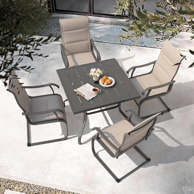 NUU GARDEN 5 Piece Patio Dining Set Outdoor Furniture with 37 Inch Table and Umbrella Hole Plus 4 Textilene Chairs Weather Resistant Dining Set for Garden Yard Porch Poolside Beige