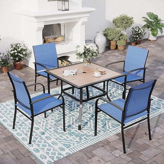 SUNSHINE VALLEY 5 Piece Patio Dining Set for 4, 37”x37” Square Table (PVC Wood-Like Table Top) with 1.57" Umbrella Hole, 4 Metal Blue Chairs, Outdoor Table and Chairs Set for Lawn Backyard and Deck