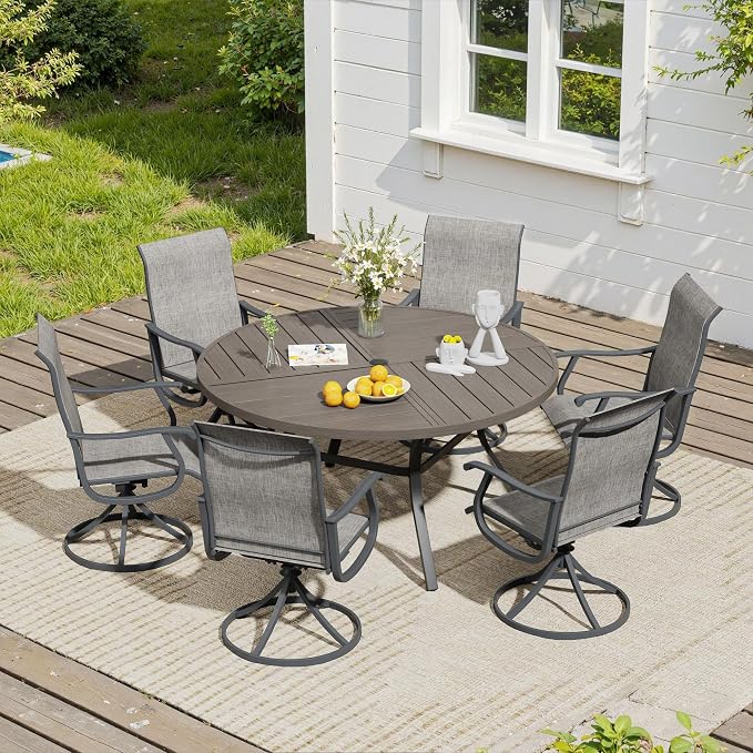 VICLLAX 7 Pieces Patio Dining Set, Patio Furniture Set of 6 Patio Swivel Dining Chairs and 50" Patio Spliced Round Tabletop, Grey Chairs & Antique Grey Tabletop