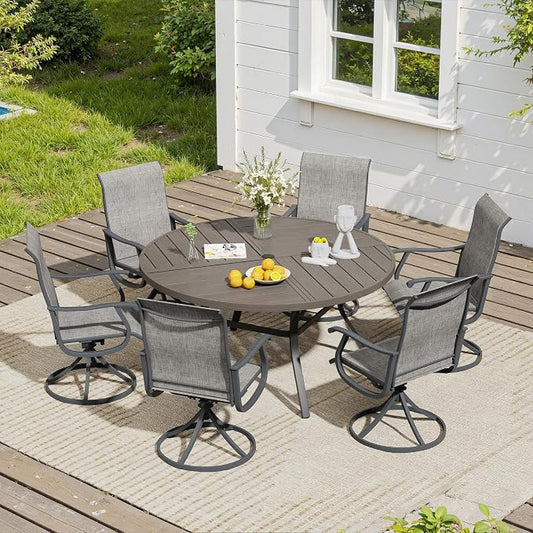 VICLLAX 7 Pieces Patio Dining Set, Patio Furniture Set of 6 Patio Swivel Dining Chairs and 50" Patio Spliced Round Tabletop, Grey Chairs & Antique Grey Tabletop