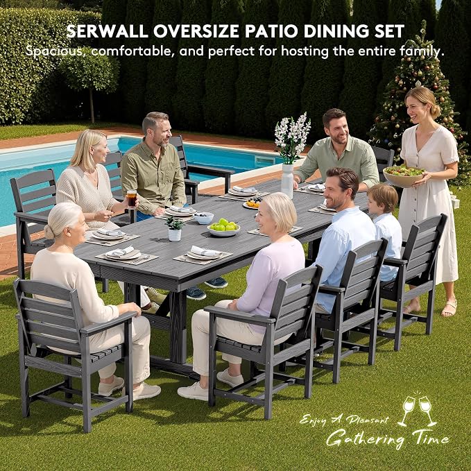 SERWALL Outdoor Dining Table, 84" Rectangular Dining Table for 6-8 Person, All Weather HDPE Outdoor Furniture for Backyard, Garden, Gray