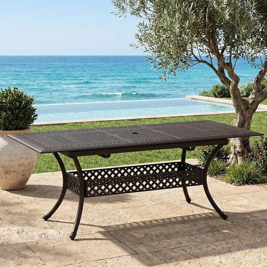 PHI VILLA 80" Outdoor Cast Aluminum Expandable Table for 6-8, Brown Rectangular Patio Dining Table with Umbrella Hole, All Weather Retro Furniture for Deck, Porch, Backyard
