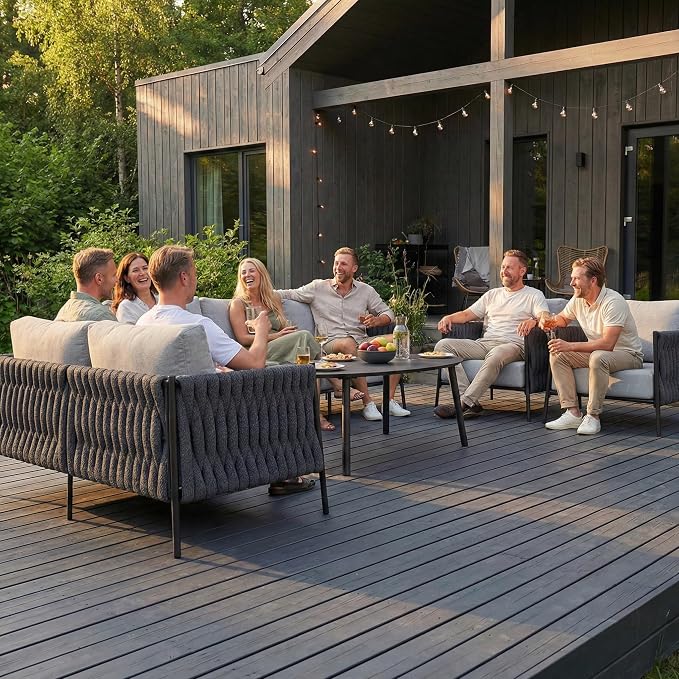 LayinSun 4 Piece Outdoor Furniture Set with Fire Pit Table, Modern Rope Woven Patio Conversation Sofa Set with Olefin Braid and Deep Seating