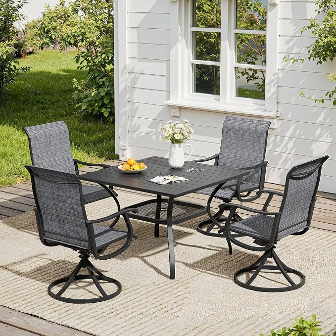 VICLLAX 5 Pieces Patio Dining Set, Outdoor Furniture Set of 4 Patio Swivel Dining Chairs and Square Patio Table with Umbrella Hole, Dark Charcoal Chairs & Black Tabletop