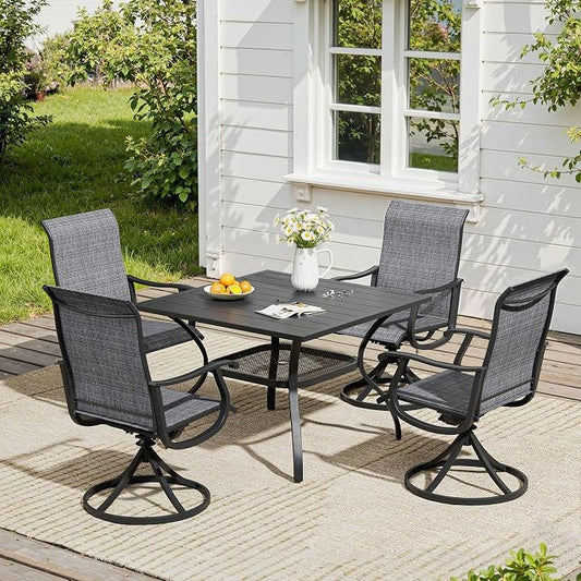 VICLLAX 5 Pieces Patio Dining Set, Outdoor Furniture Set of 4 Patio Swivel Dining Chairs and Square Patio Table with Umbrella Hole, Dark Charcoal Chairs & Black Tabletop