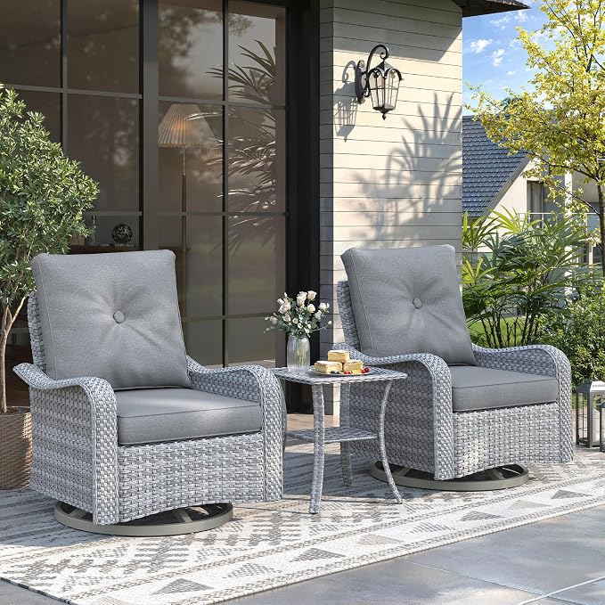3 Piece Patio Furniture Set with Swivel Rocking Chairs, Outdoor Wicker Conversation Set with 4" Cushions, Glass Side Table, PE Rattan and Rust-Resistant Frame, Grey