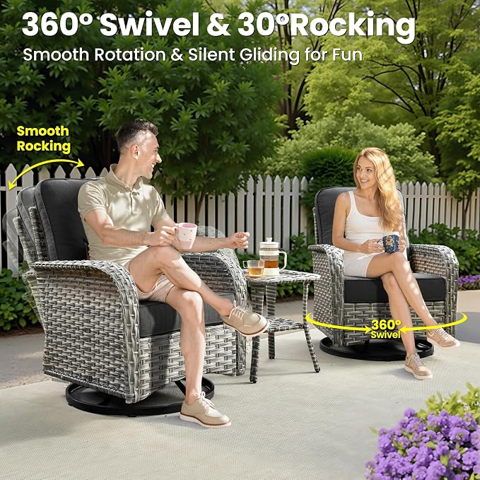 ovios 9-Piece Patio Furniture Set with L-Shape Sofa Chaise, Outdoor Sectional Couch Swivel Gliders Fire Pit Table, Modern Modular Wicker Rattan Conversation Set, Black