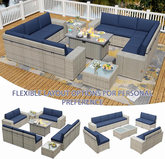 13 Piece Patio Furniture Set with 50,000 BTU Rattan Fire Pit Table that Converts to Coffee Table, 9.8" Wide Arm Sectional Sofa with Storage Armrests, Outdoor Rattan Conversation Set, Blue