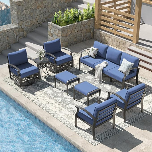 Kullavik Aluminum Patio Furniture Set,8 Piece Modern Metal Outdoor Patio Furniture w/5.1'' Thick Cushion,Swivel Chairs and Ottomans,Patio Conversation Sets for Porch,Deck,NavyBlue