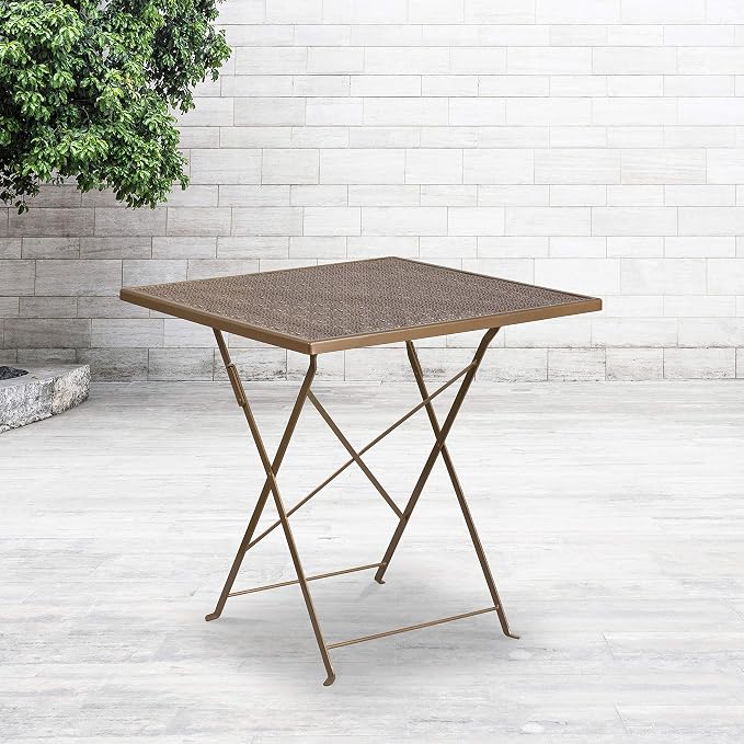 Flash Furniture Oia Commercial Grade 28" Square Gold Indoor-Outdoor Steel Folding Patio Table
