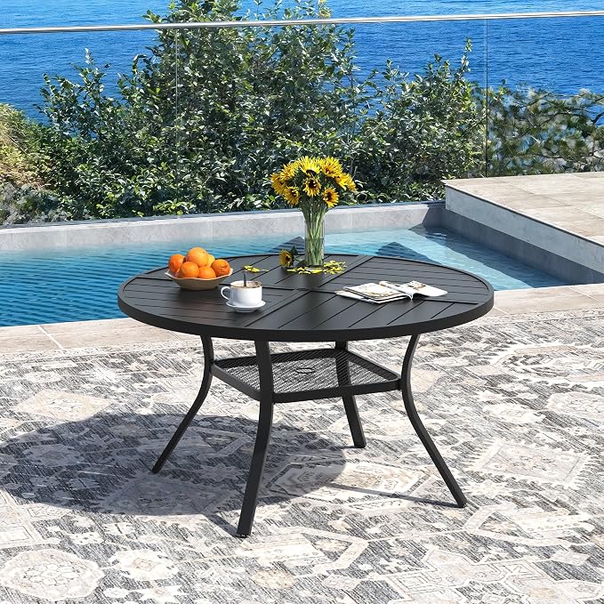 DIFY 5 Pieces Outdoor Dining Set, Metal Patio Table and Chairs Set for 4 with Umbrella Hole, 40.6" Round Dining Table and Textilene Stackable Patio Chairs for Garden Backyard Poolside, Black