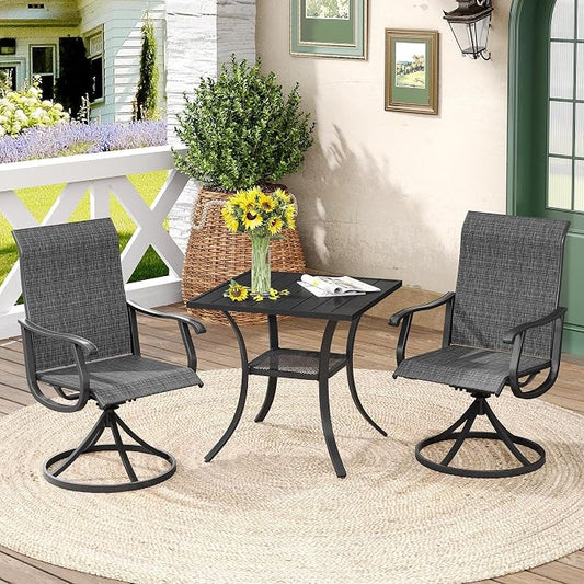 DIFY 3 Piece Outdoor Dining Set for 2, Patio Furniture Set with 27.6" Black Small Square Metal Dining Table & 2 Dark Grey Textilene Swivel Patio Chairs, for Garden Porch Deck