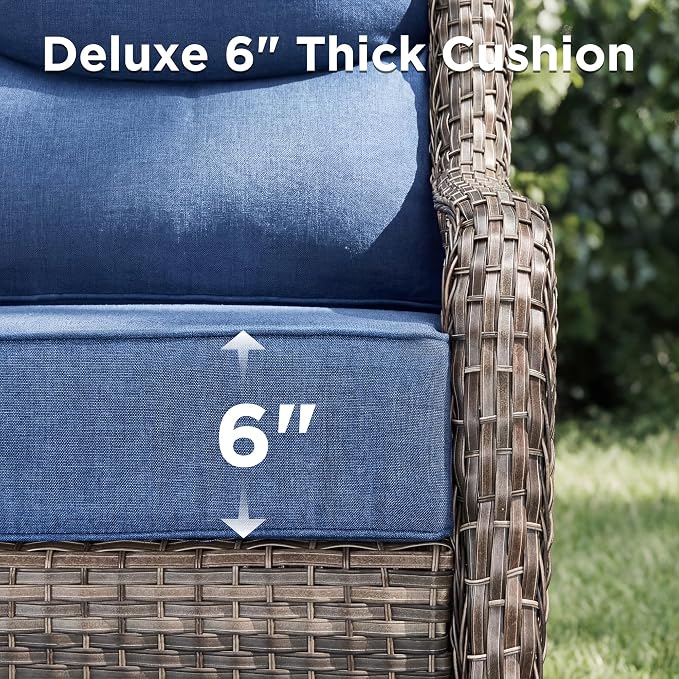 Luxury Patio Furniture Set with Fire Pit Table-4 Pieces High Back Wicker Swivel Rocker Chairs with 6" Extra Thick Cushions, Outdoor Patio Conversation Sets for Porch Deck Backyard(Grey/Blue)