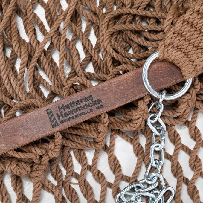 Hatteras Hammocks Executive Antique Brown DuraCord Rope Hammock – 13 ft. x 65 in., 2-Person, 450 lb Capacity, Cumaru Spreader Bar, Zinc-Plated Hardware – Handcrafted in The USA