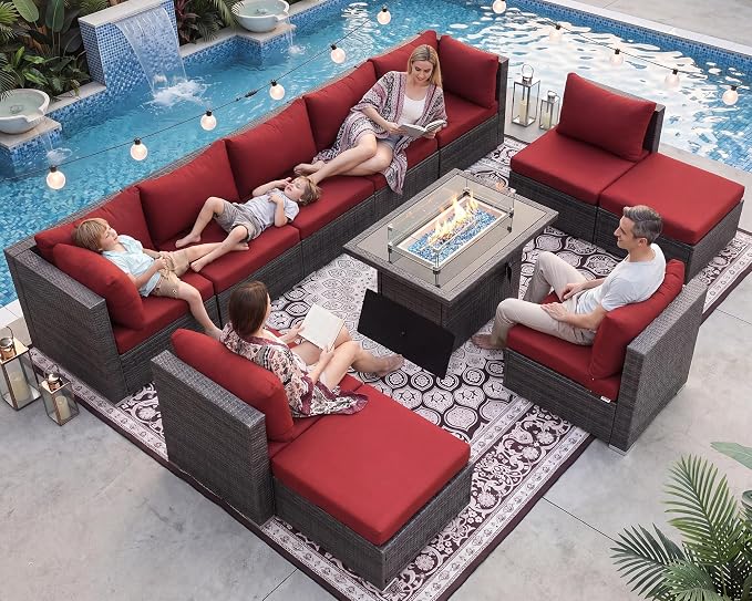 NICESOUL 11 Piece Outdoor Furniture Set with Firepit, Luxury 10-Seater Patio Sectional Sets, 29.3'' High-Back Backyard Seating Area, All-Weather Rattan Couch Set for Outside, Deck, Grey & Red
