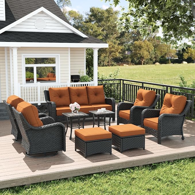 LayinSun 9 Piece Wicker Outdoor Furniture Set with 6-inch Comfy Cushions, High Back Patio Furniture Set with Swivel Rocking Chairs and Side Table
