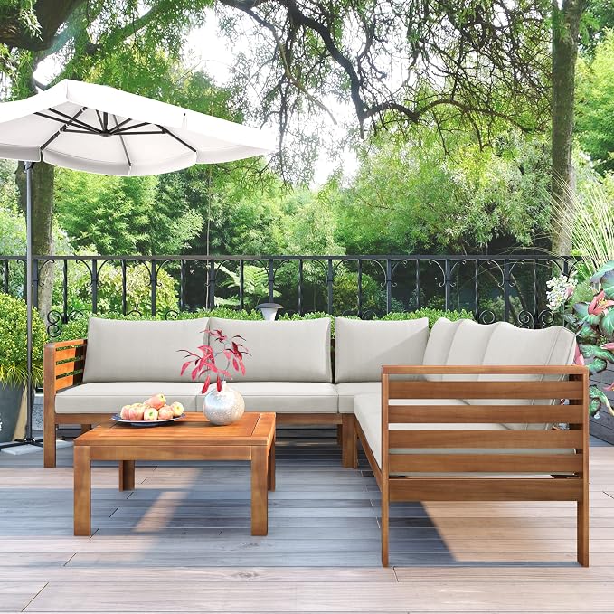 Patio Furniture 4 Pieces Conversation Sets, Acacia Wood Outdoor Sectional Furniture Conversation Sets with Cushions and Coffee Table for Garden Backyard Balcony and Porch (Beige)