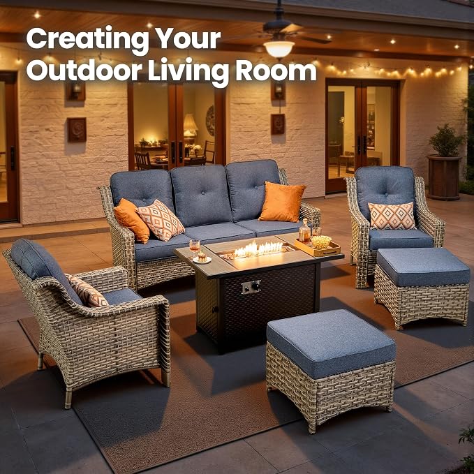 6 Piece Patio Furniture Set with Fire Pit Table, Outdoor Wicker High Back Sofa Chairs Ottoman with Comfy Cushions, Modern Conversation Sets for Backyard Deck Garden Poolside, Denim Blue